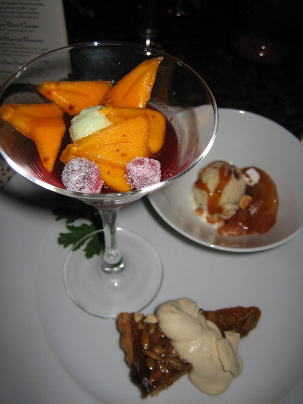 Anthology of Harvest Desserts (Pumpkin-bay tart, Spice-bread ice cream and caramalized pear sundae, Cranberry gelee with lemon geranium sherbet and amagaki persimmon)