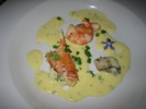 Dungeness Crab, Poached Oyster & Spot Prawn in a lemon geranium, chive, and chervil froth; 2004 Willa Kenzie Estate Pinot Gris