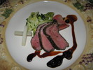 Herb-Crusted Oregon Fallow Venison with savoy cabbage, root vegetables, and wild huckleberry sauce; 2003 Barrister Cabernet Franc